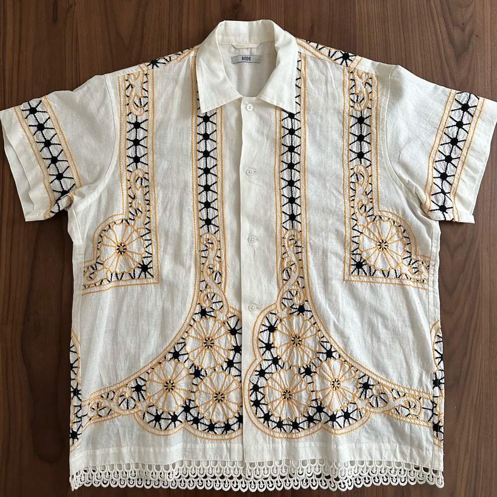 Bode Men's Cream Shirt with Black and Gold Embroidery